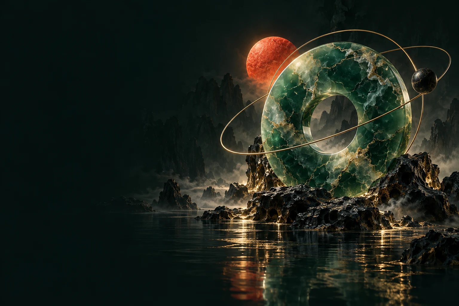 Jade disk and gold celestial rings above a dark reflective landscape